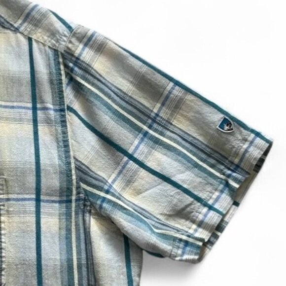 Kuhl Shirt Mens Large Short Sleeve Button Up Blue Plaid Linen Cotton Outdoors - Picture 5 of 12